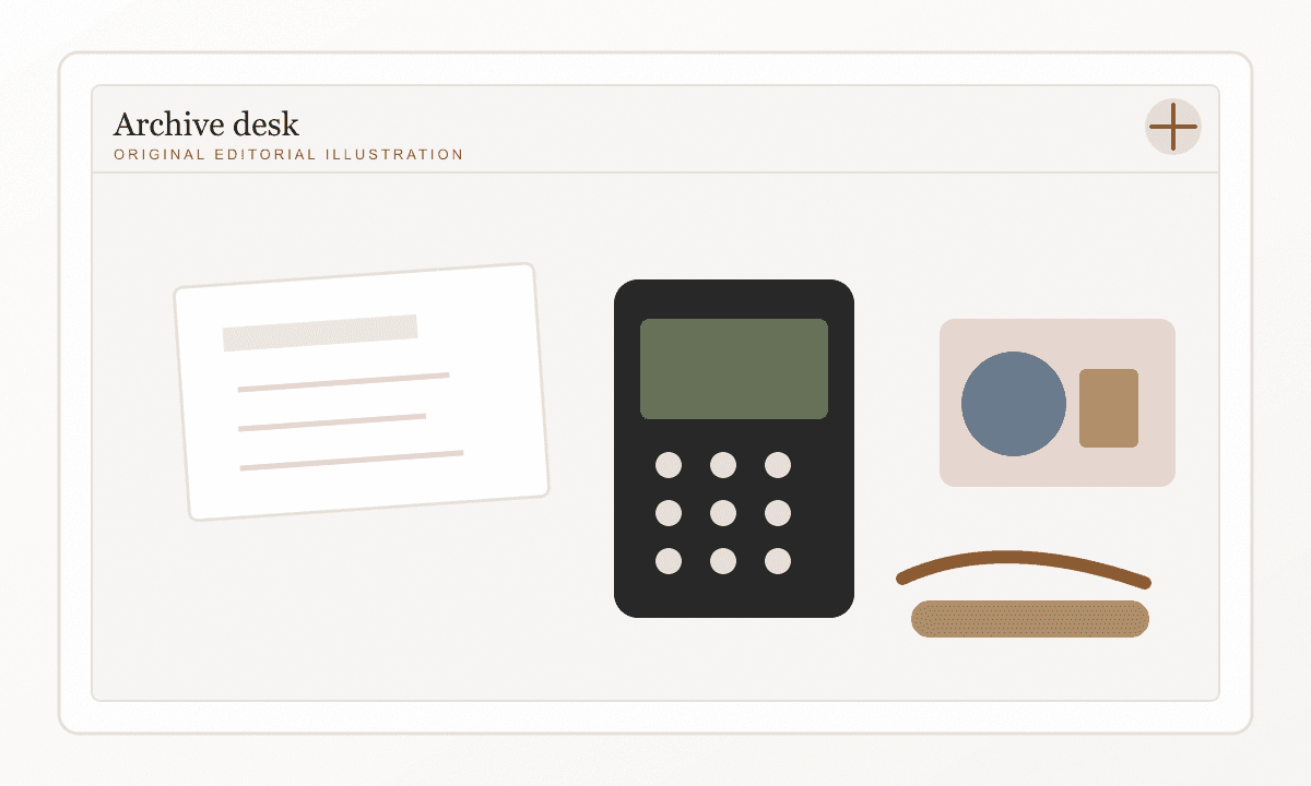 A museum-catalogue style archive desk with old objects, photos and note cards.