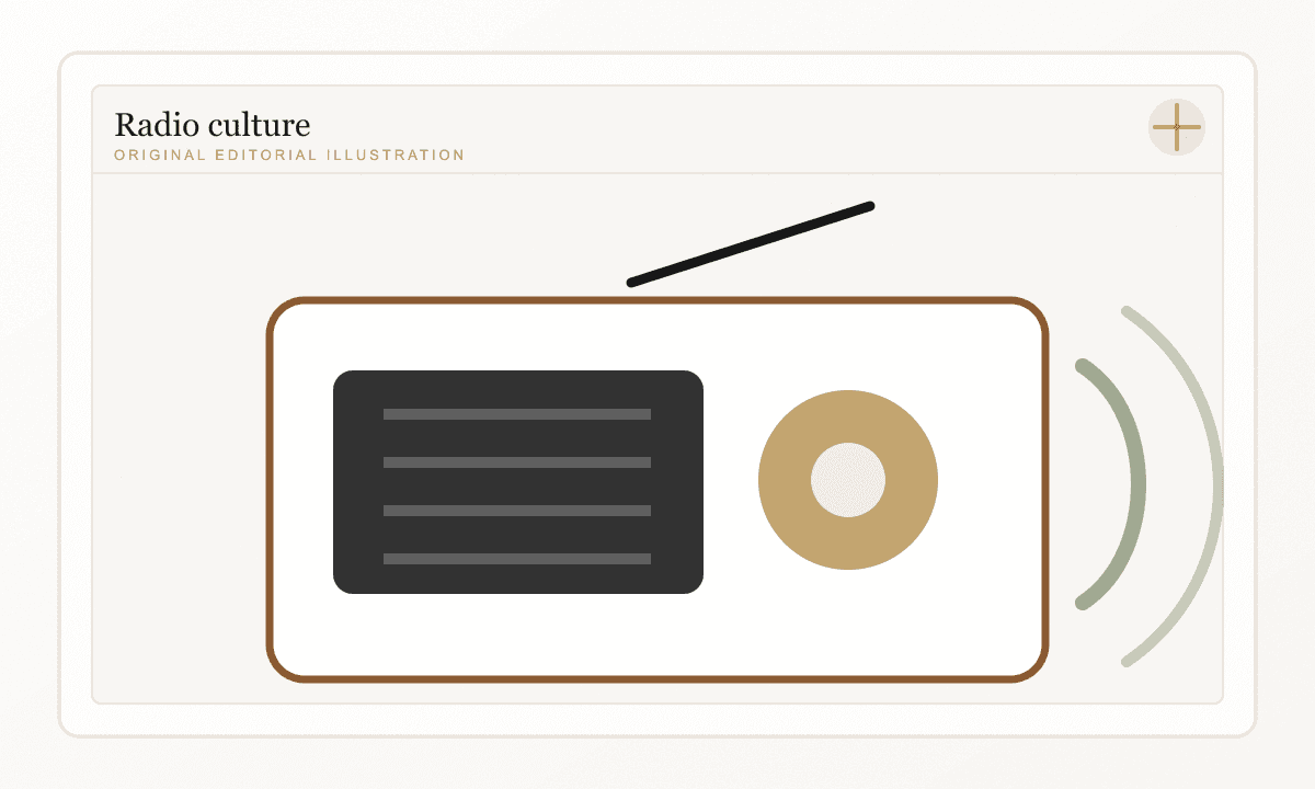 A vintage editorial illustration of an old radio with music notes and a kitchen table.