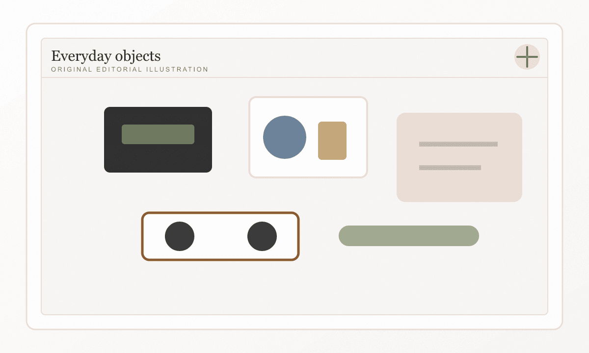A clean archive illustration of 2000s everyday objects laid out like a museum catalogue.