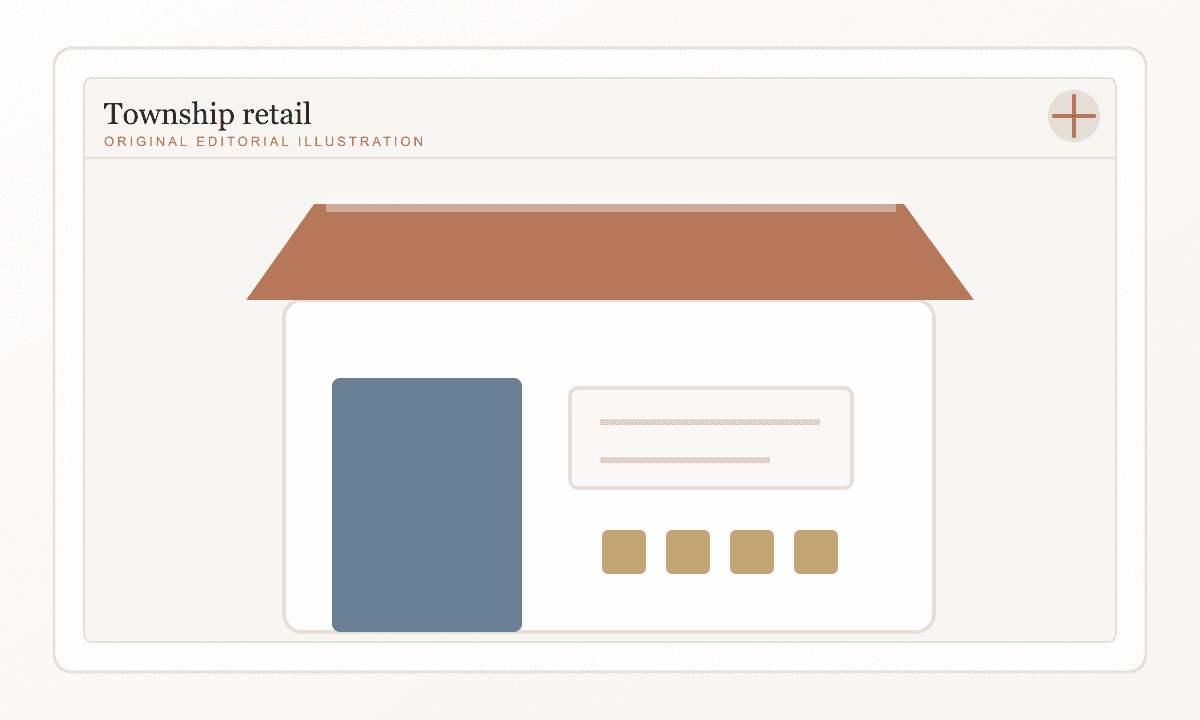 A clean vintage illustration of a small neighbourhood shop with shelves and a paper sign.