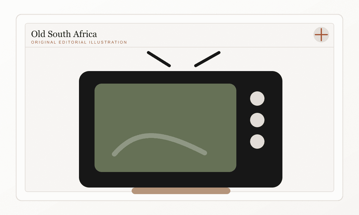 A vintage editorial illustration of an old television set in a South African living room.