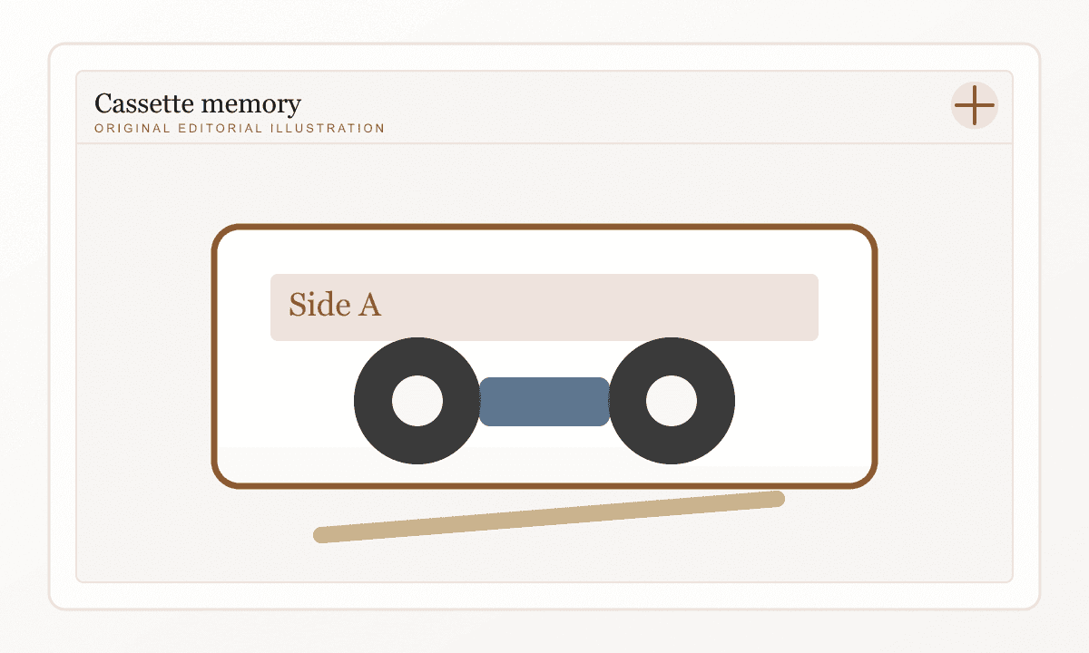 A sepia editorial illustration of cassette tapes, handwritten labels and a pencil.