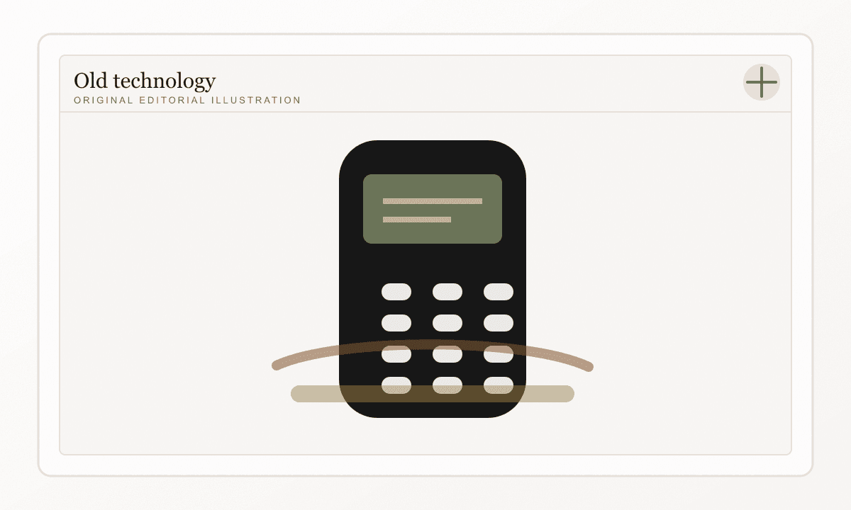 A vintage-style editorial illustration of an early 2000s mobile phone on an archive desk.